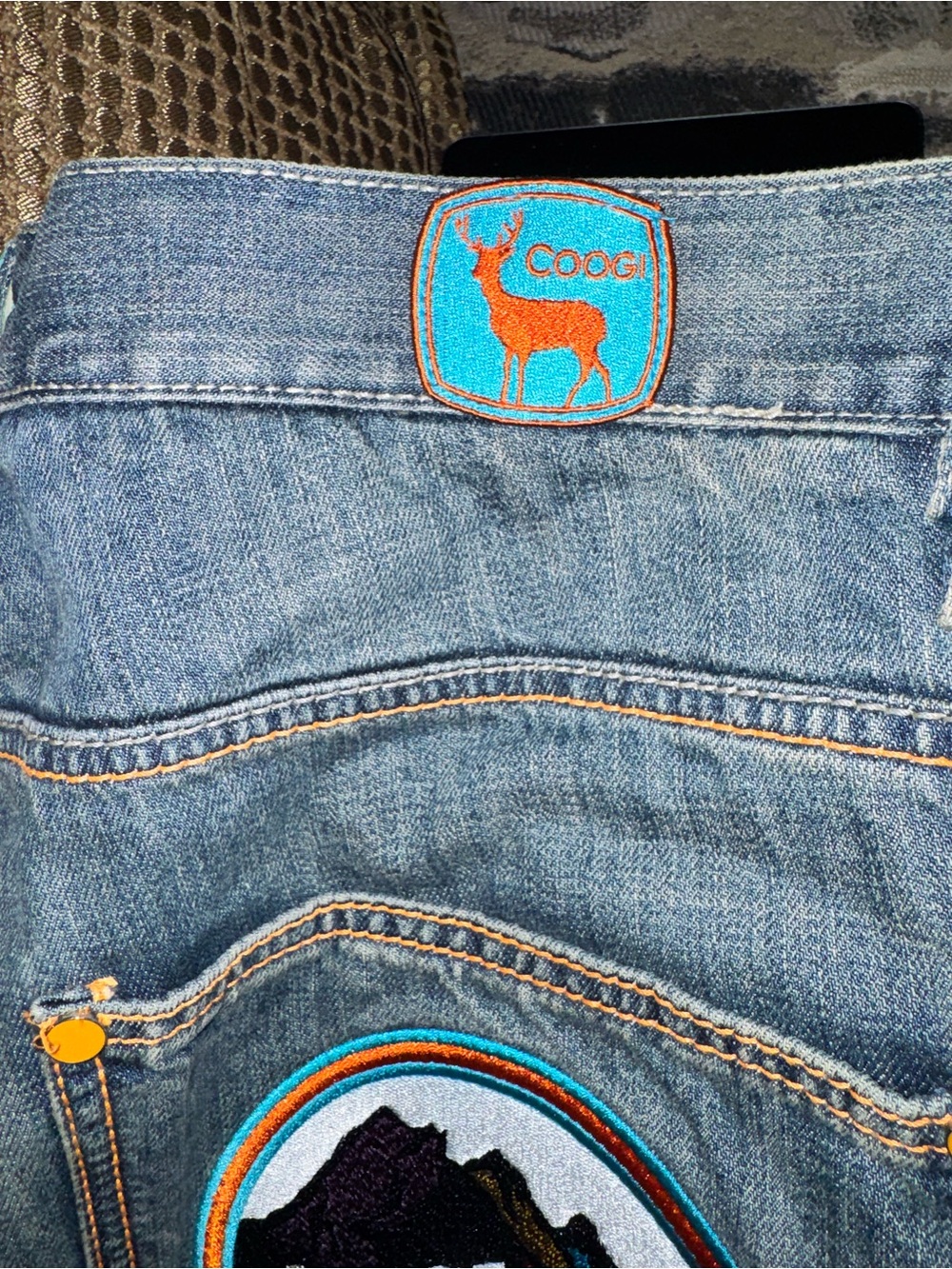 COOGI Denim Jacket Patch Detail in Blue and Orange
